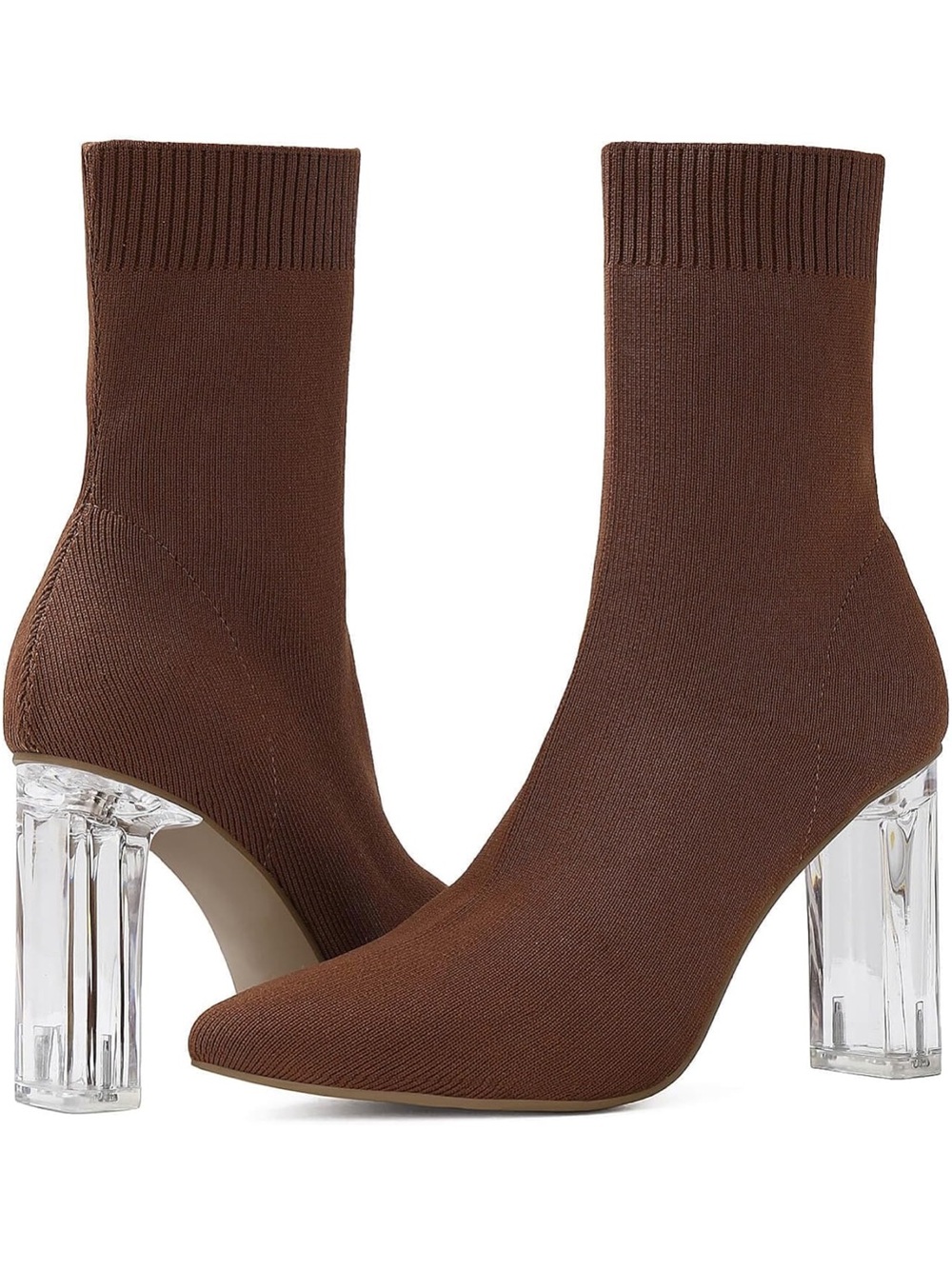 Shoe N Tale Brown Sock Booties with Clear Block Heels